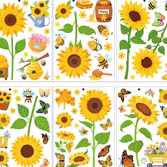 8 Sheets Sunflower Bee Butterfly Window Stickers Static PVC Window Cling Reusable Removable Spring Floral Decals for Glass Door Window Decor
