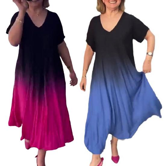Градиентное макси-платье для женщин, летнее, свободного покроя, длинное платье больших размеров, повседневное, с V-образным вырезом, коротким рукавом, струящееся платье А-силуэта
