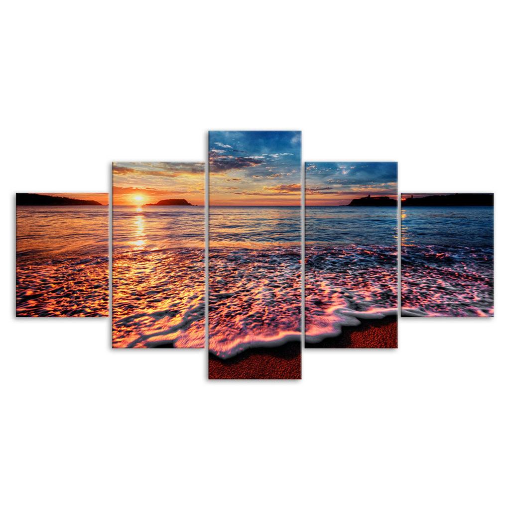 Sunset Beach Ocean Sea Waves 5 Piece Five Panel Wall Canvas Print Modern Art Poster Picture Home Decor Gift For Him For Her