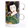 [R2550] - Set of 2 Stackable Porcelain Mugs 'Geisha' Green Black - 10x7. 5 Cm