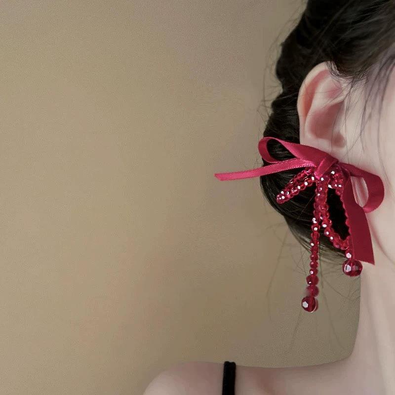 Unique Lucky Red Ribbon Knot Tassel Earrings Long Drop Statement Dangle Earrings for Women Daily Outfit Jewelry