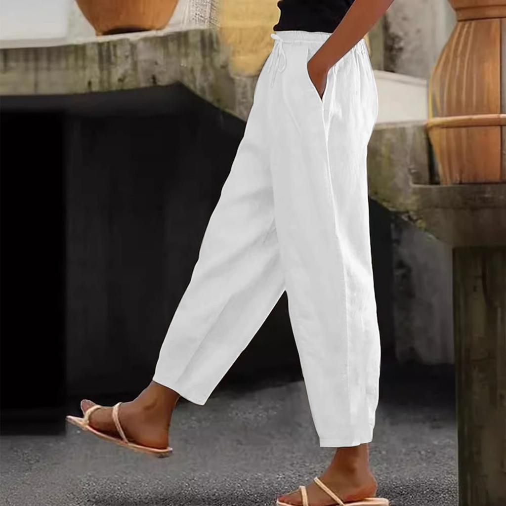 Women's Fashion Loose Cotton Linen Solid Color Casual Side Pocket Elastic Drawstring Trousers