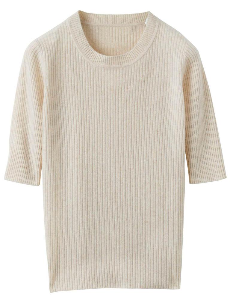 2024 Women's Slim Fit Wool Knit Short Sleeve Round Neck Pullover Sweater