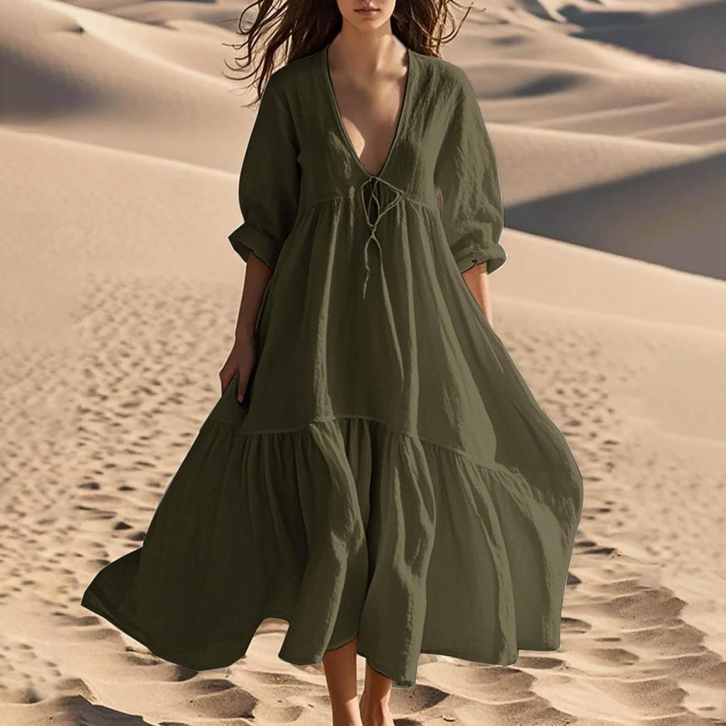 Женское летнее модное однотонное платье с V-образным вырезом и короткими рукавами для пляжа, платье с кружевной отделкой