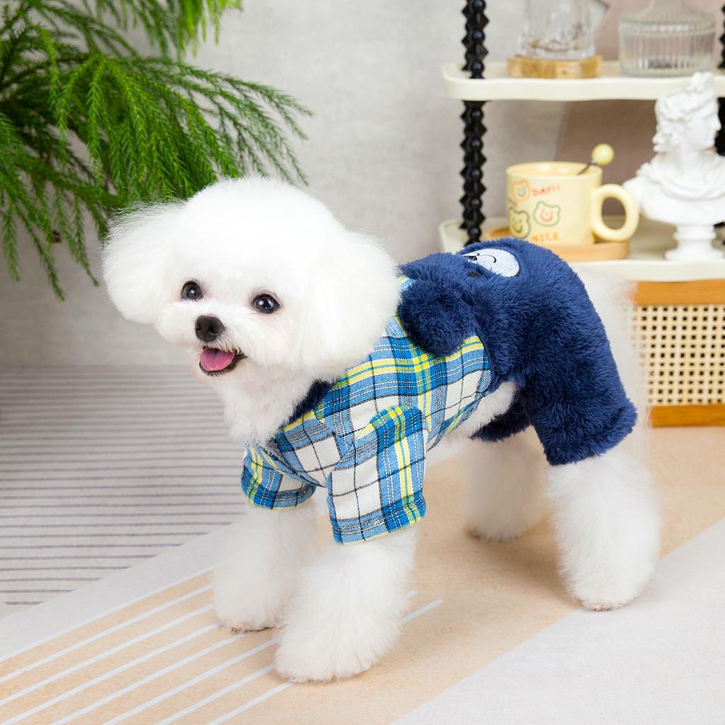 Клетчатый медведь Зимние комбинезоны для собак Теплый флис утолщенная одежда для домашних животных с поводком D-образным кольцом Пижамы для собак
