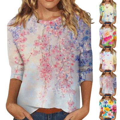 Женская модная повседневная свободная футболка с круглым вырезом и рукавами 3/4 с принтом, женский топ