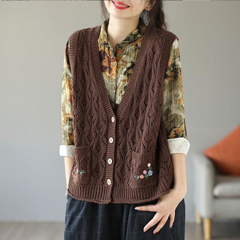 Sweater Vest Women's Retro Loose Knit Vest Short Style Solid Color Embroidery Pocket Hollowed Out Sleeveless Cardigan Vest
