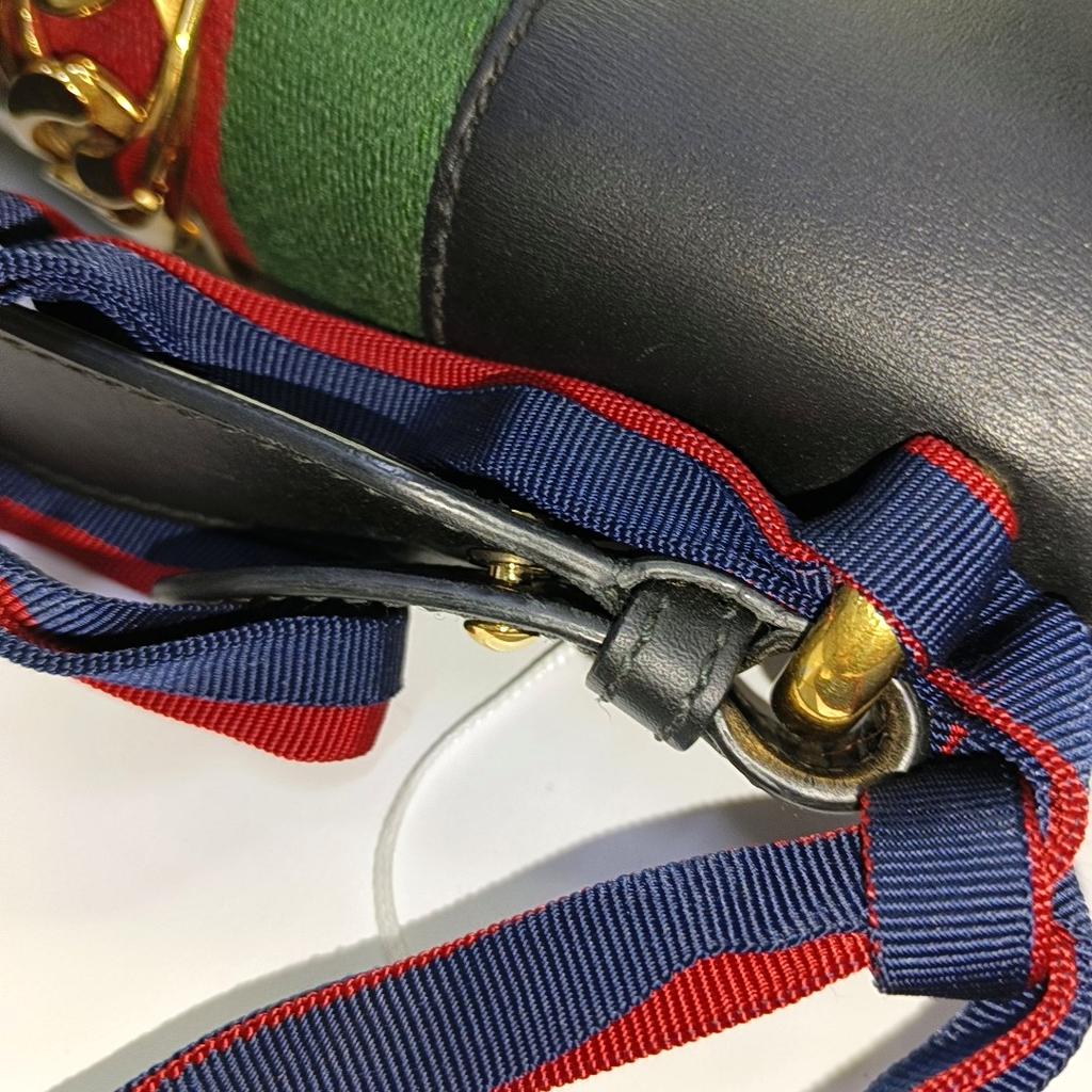 [Pre-Owned] Sylvie Gold Buckle Striped Web Satin Bow Wide Shoulder Strap Leather Handbag Crossbody Bag Shoulder Bag Small - Good #13UCJHJ
