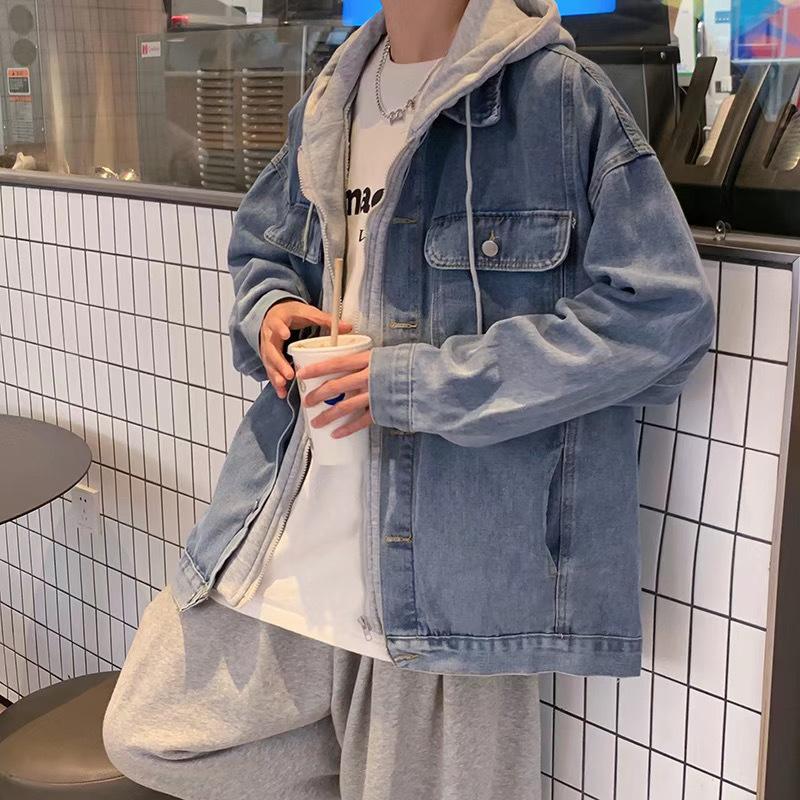 Джинсовая куртка мужская весна и осень новый дизайн поддельная двухкомпонентная куртка свободная повседневная с капюшоном универсальный новый стиль