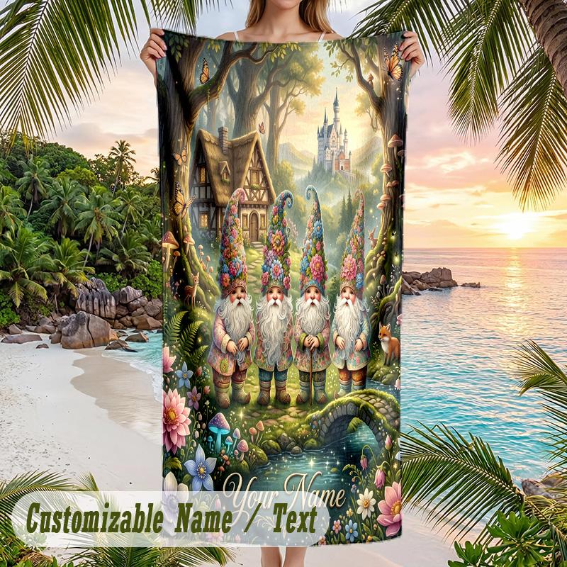 Gnome Theme Beach Towel Personalized Custom Name & Text Soft Quick Dry Beach Towel for Swimming Travel