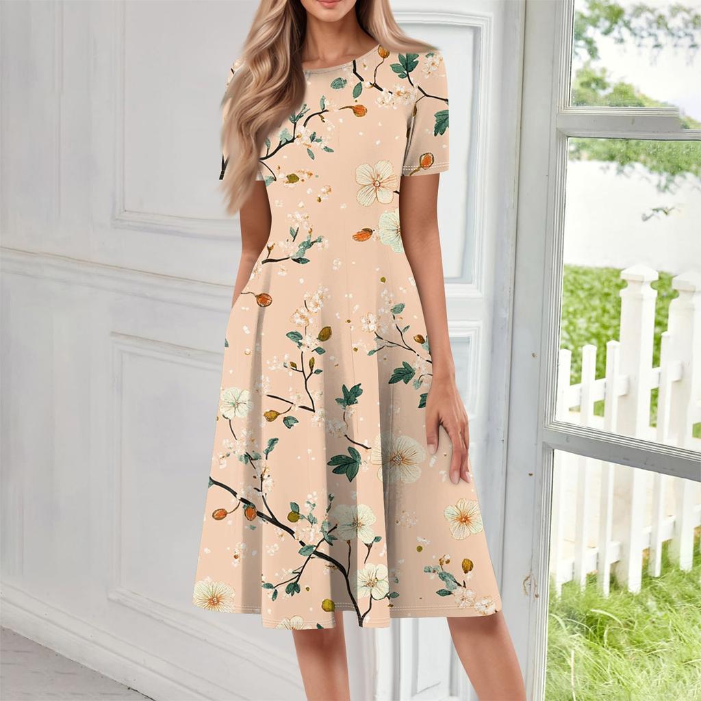 Женское свободное повседневное и модное платье с круглым вырезом и короткими рукавами, средней длины с принтом