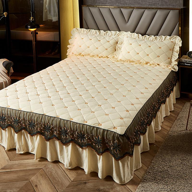 Роскошная утолщенная бархатная стеганая юбка-кровать, вышитое покрывало, мягкая короткая плюшевая простыня королевского размера, не включая наволочку