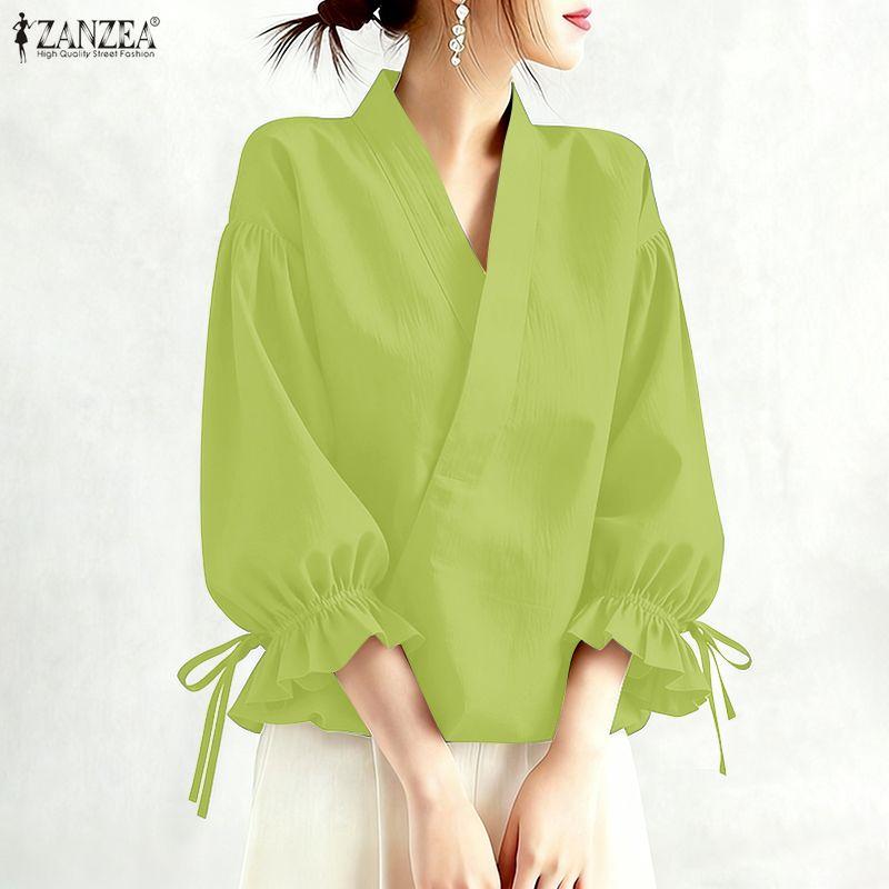 ZANZEA Женская повседневная однотонная свободная блузка с V-образным вырезом и рукавом 3/4