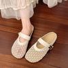 2025 Summer New Bag Head Mesh Half Slippers Female Mary Jane Flat Bottom One Word Belt Outside Wear Hollow Versatile Slippers