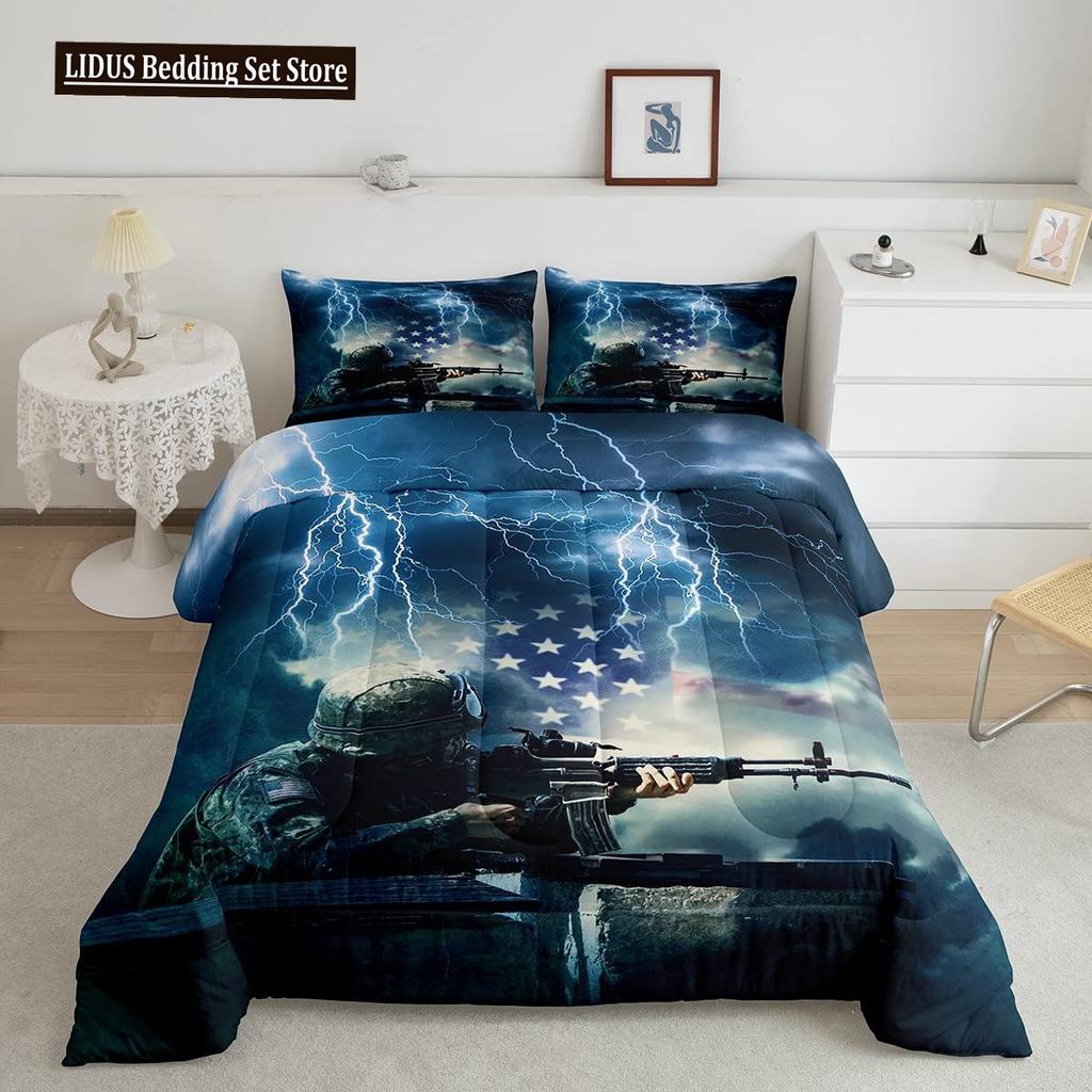 American Soldier Duvet Cover Set Twin For Boys Teens, American Flag Comforter Cover Set,Airplane Quilt Bedding Sets Queen Size