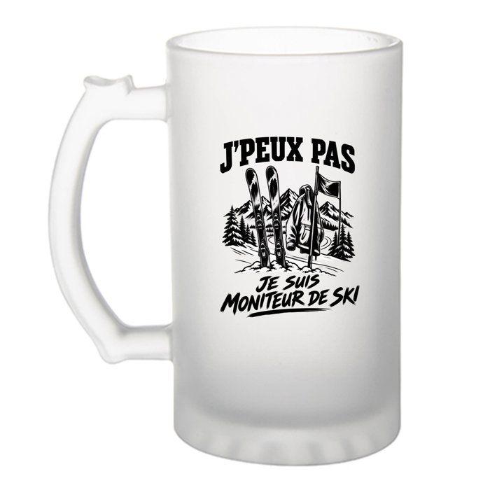 Verre à bière - PLANETEE - J'peux pas je suis Moniteur de ski - Givré 470 ml - Verre trempé - Imprimé en Bretagne