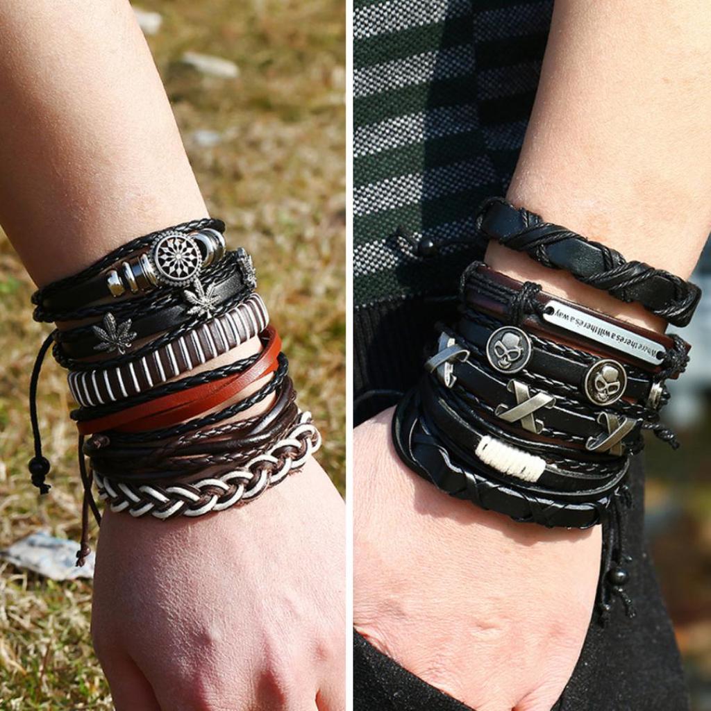 6шт ретро мужские искусственная кожа хип поп-панк череп лист оплетка браслет наручные украшения