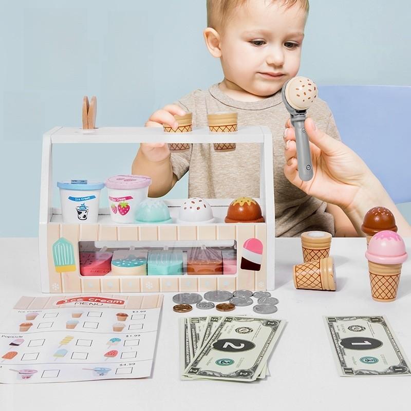 Cream Wooden Ice Stand Toy With Cash Register And Fruit Accessories Playtime For