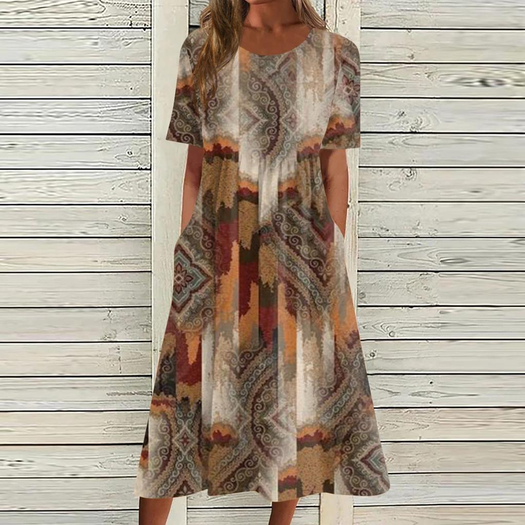 Жен. Повседневные платья Платья с принтами Летние платья С принтами Плиссированные платья-миди с круглым вырезом Классический Классический На открытом воздухе Повседневные С короткими рукавами Свободные платья