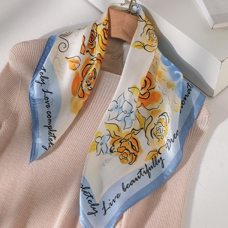 Silk small square scarf scarf women's spring and summer mulberry silk high-end versatile printing blue sunscreen neck protection neck silk scarf