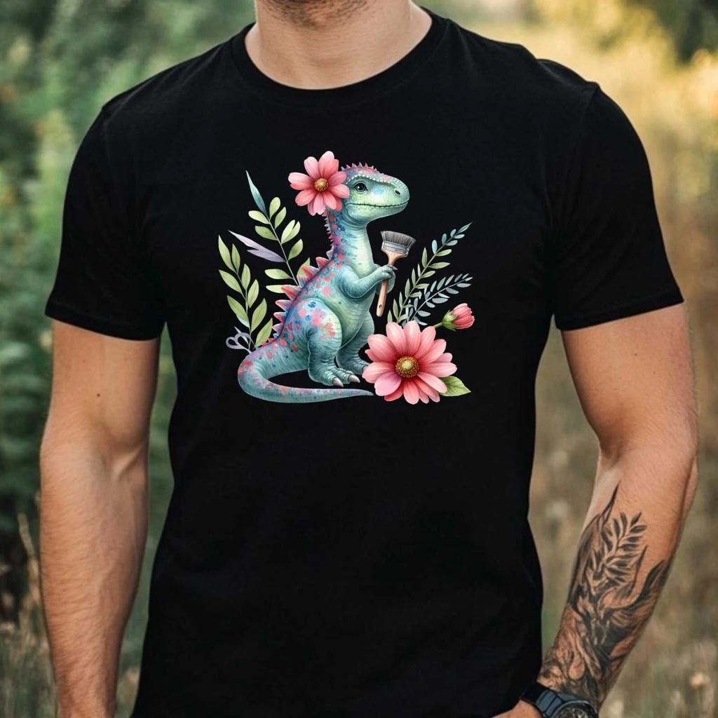 T-Shirt Herren Dino mit Blume Motiv Baumwolle Größe XS bis 5XL