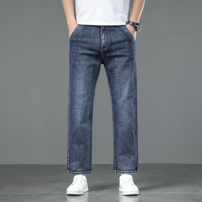Джинсы мужские больших размеров прямого кроя стрейч в деловом стиле, свободные повседневные брюки, укороченные брюки облегающего кроя