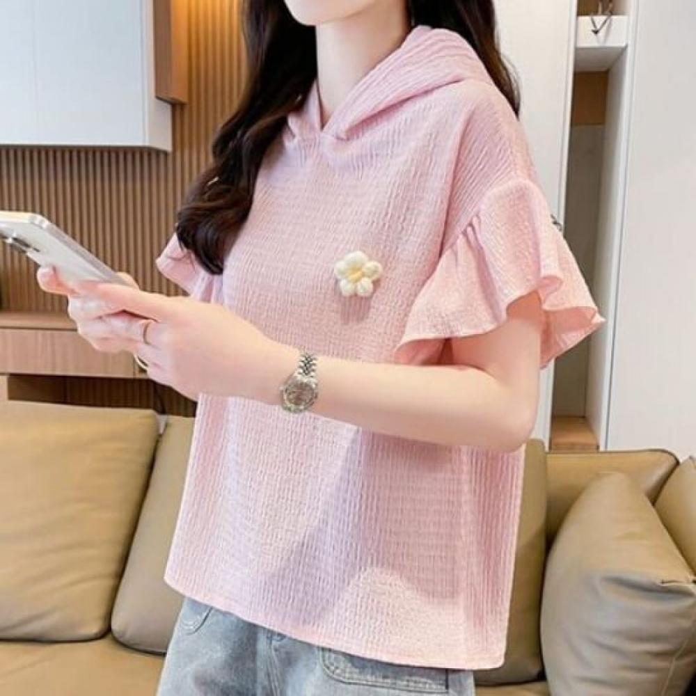 Navava Ladies Lovely Flower Frill ShorT Sleeve Hooded T shirT nT2821