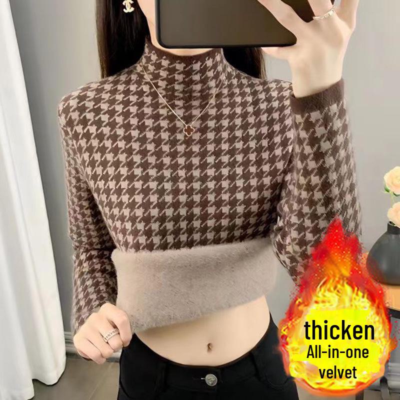 Женский полуводолазный свитер с узором «гусиная лапка» из плюша — облегающий крой, утолщенный флис, вязаный на осень/зиму