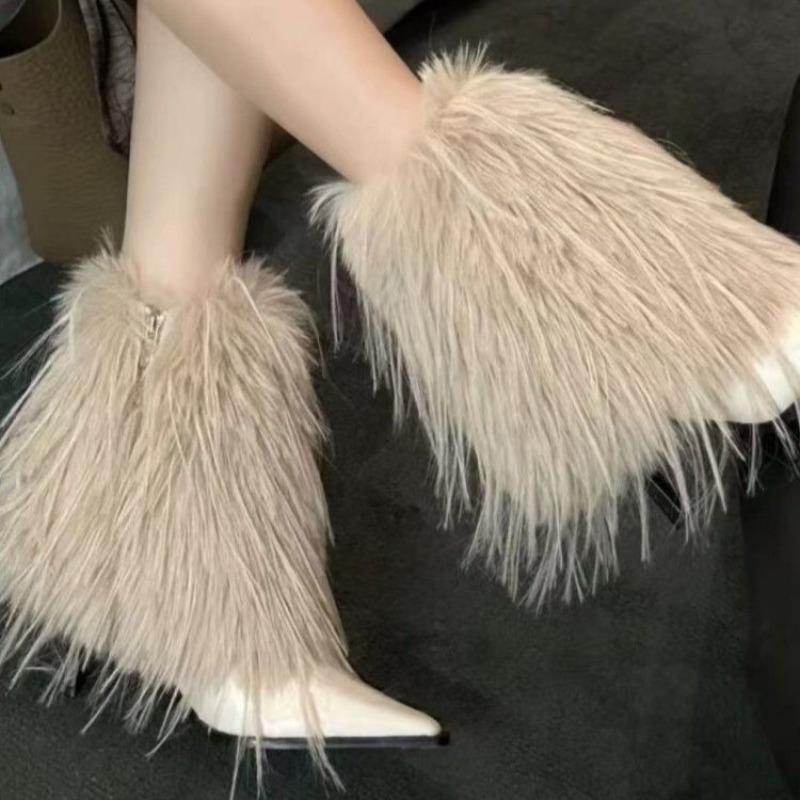 Fashion Fur Women Ankle Boots Sexy Pointed Toe High Heels Shoes Designer 2025 Winter Trend New Fashion Boots Dress Party Woman Pumps