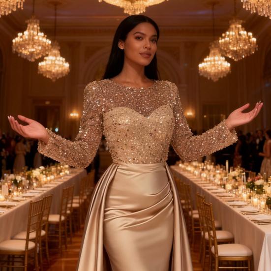 Платье макси с длинным рукавом из прозрачной сетки с пайетками для женщин, свободное блестящее А-силуэтное длинное платье, формальное коктейльное вечернее платье