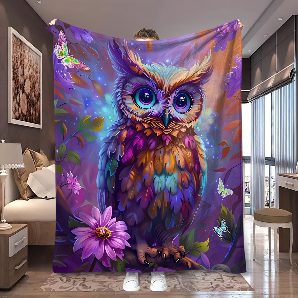 1pc Rainbow Glowing Owl Purple Floral Print Flannel Blanket, Skin-Friendly And Cozy, Suitable for Blankets, Kids Bed Covers, Game Room, Bedroom, And L