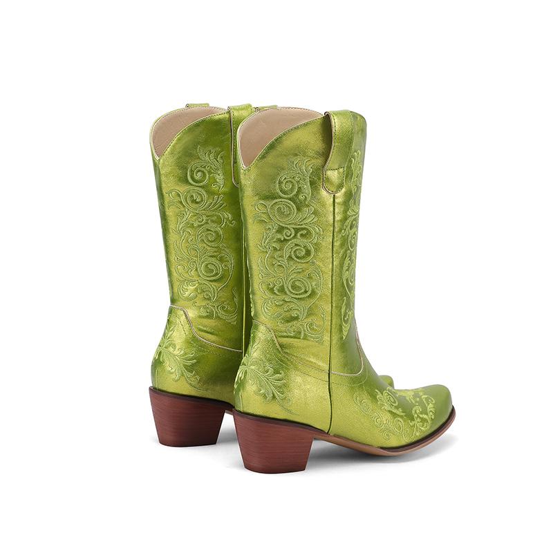 Вышитые короткие ботинки в стиле вестерн, женские ковбойские сапоги до середины голени, модные блочные каблуки, квадратный носок, без застежек, зимняя осенняя обувь