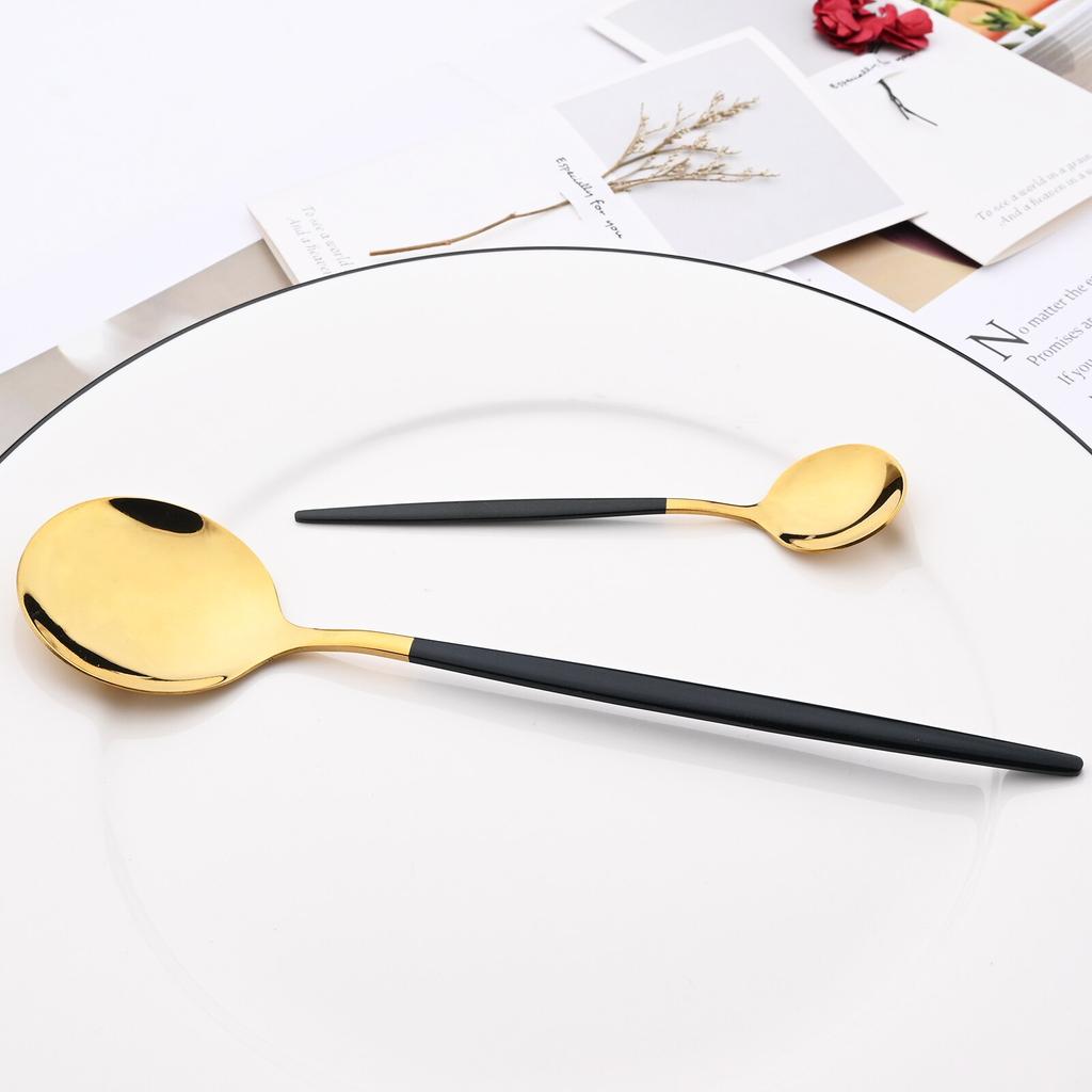 16pcs Upscale Black Gold Complete Dinnerware Set Stainless Steel Tableware Set Knife Fork Coffee Spoon Flatware Set Cutlery Set