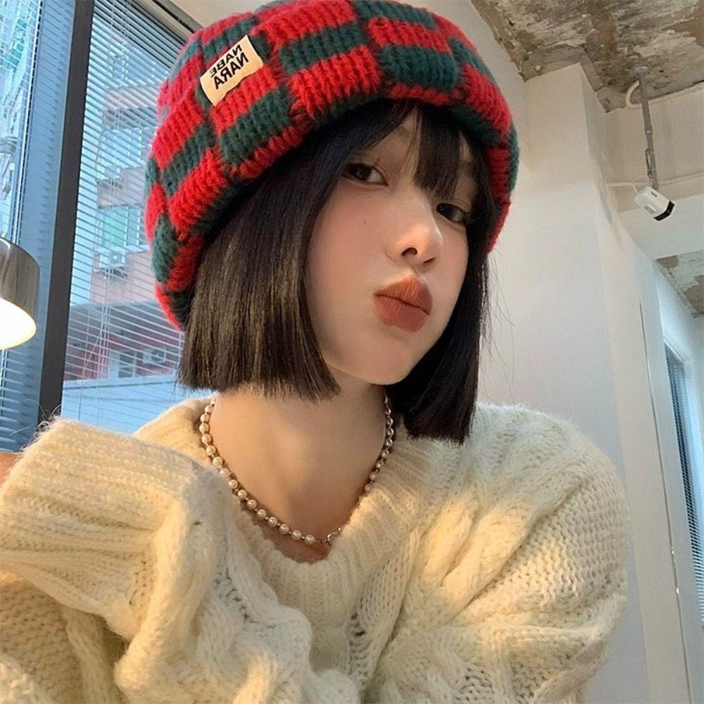 Korean Style Pullover Hat Keep Warm Knitted Cap Soft Plaid Beanie Hat  Outdoor