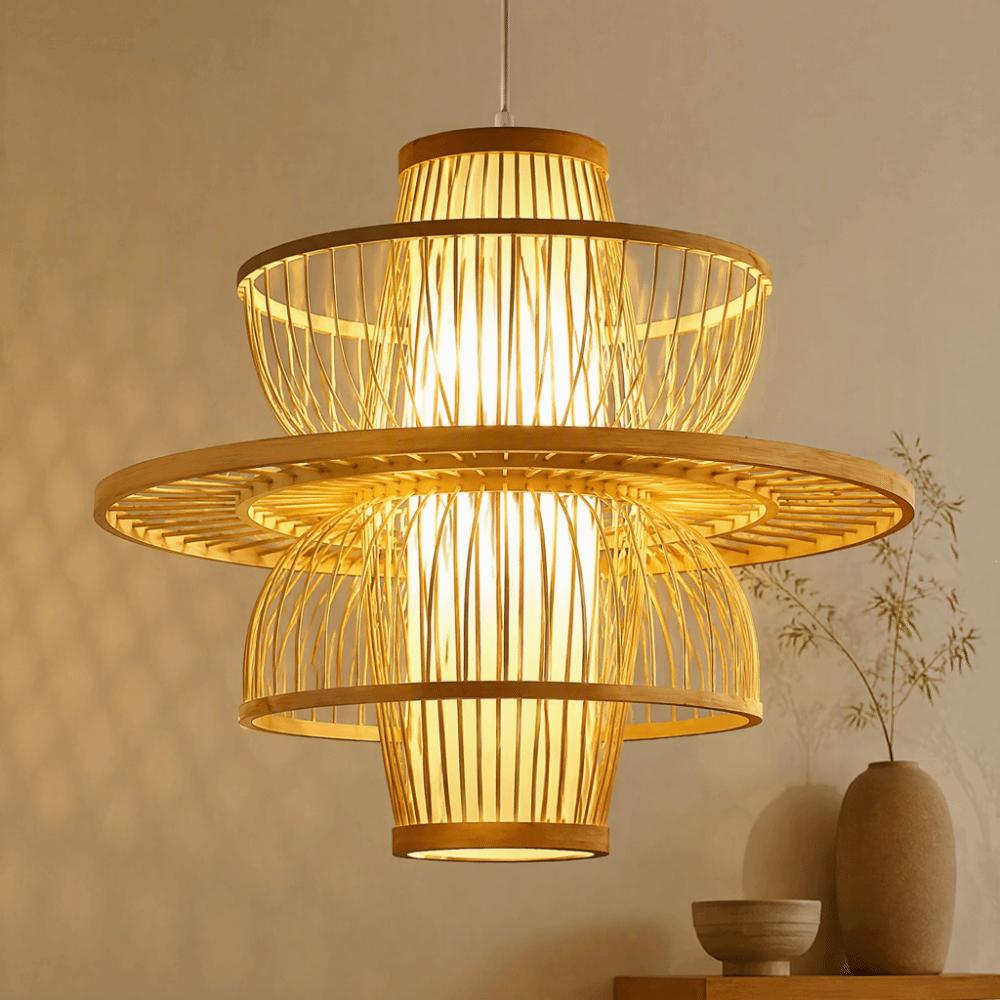 Woven Bamboo Pendant Lamp Hand Knitted Wicker Chandelier Simple Rattan Pendant Lamp  Restaurant