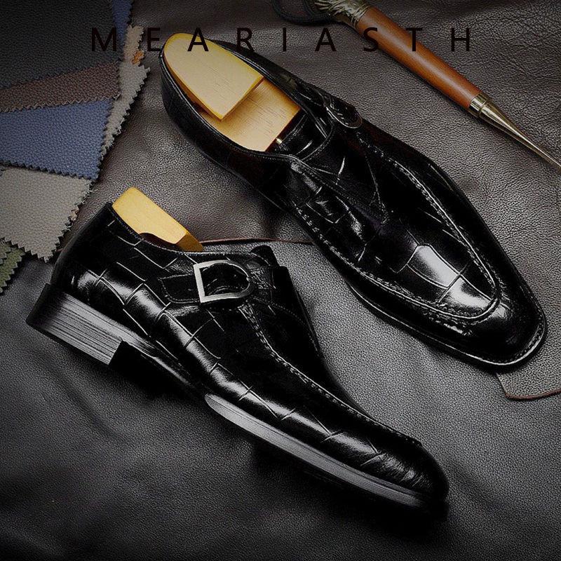 Men's Formal Leather Monk Shoes - European & American Style, Alligator Pattern, Square Toe, Retro Handmade