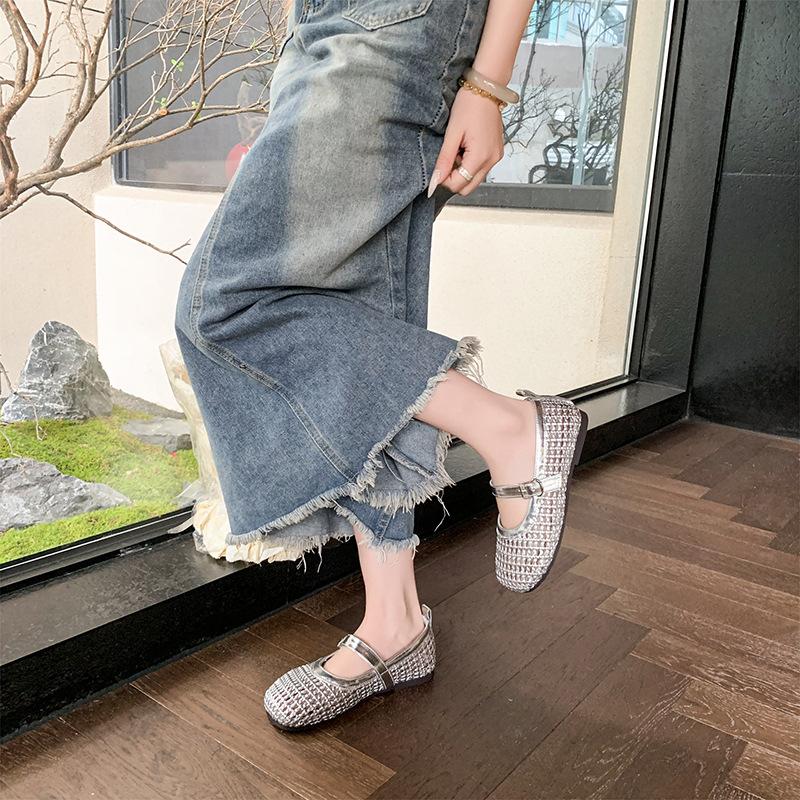 Mesh Hollow Shallow Mouth Single Shoes Women's 2025 New Summer Skirt Soft Flat Bottom Breathable One-word Buckle Mary Jane Shoes