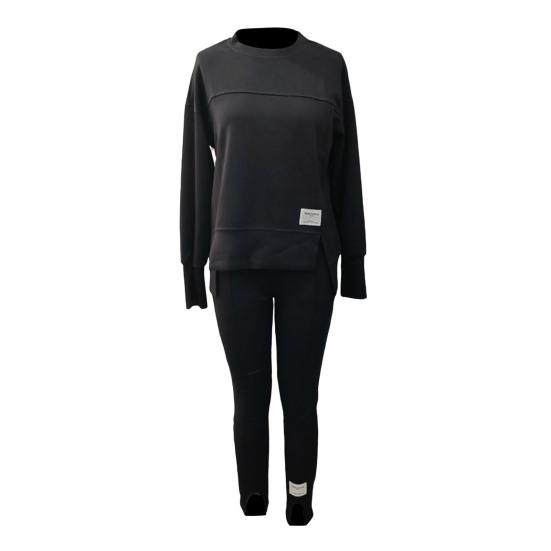 2 Pcs/Set Women Top Pants Suit Round Neck Long Sleeve Slit Hem Sweatshirt Elastic Waist Solid Color Slim Fit Trousers Winter Daily Wear Outfit