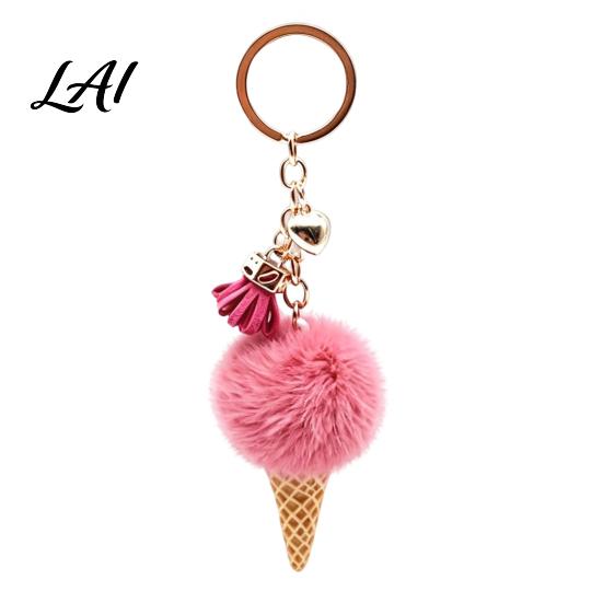 Plush Ice Cream Keychain for Backpacks Key Holder Car Fluffy Cone Bag Charm Decorative Pendant with Metal Ring Chain
