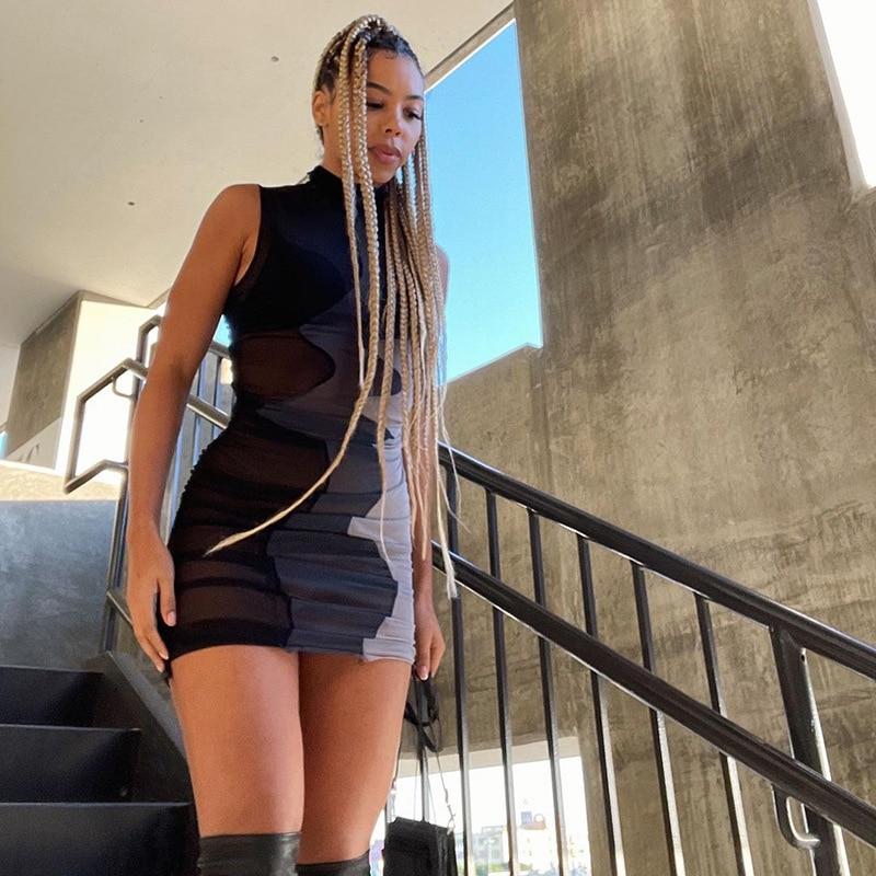 Women Ruched Mini Dress Sleeveless Bodycon Bandage Sexy Turtleneck Elegant Summer Fashion Club Night Party Dresses