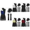 Womens Latin Jazz Dance Outfit Cutout Sleeveless Leotard Shiny Sequins Contrast Color Patchwork Fringed Bodysuit Gloves Hat