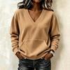 Women's Casual Long Sleeve V Neck Pullover Sweatshirt with Pockets Ribbed Knit Top