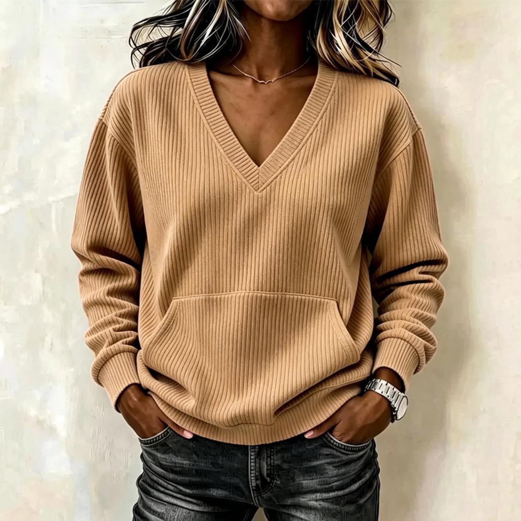 Women's Casual Long Sleeve V Neck Pullover Sweatshirt with Pockets Ribbed Knit Top