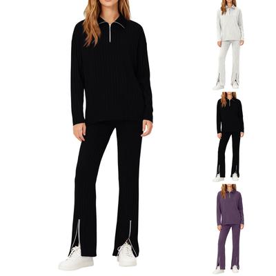 Модный женский однотонный трикотажный комплект на молнии с высоким воротником и полоской, домашняя одежда, комплект из двух предметов