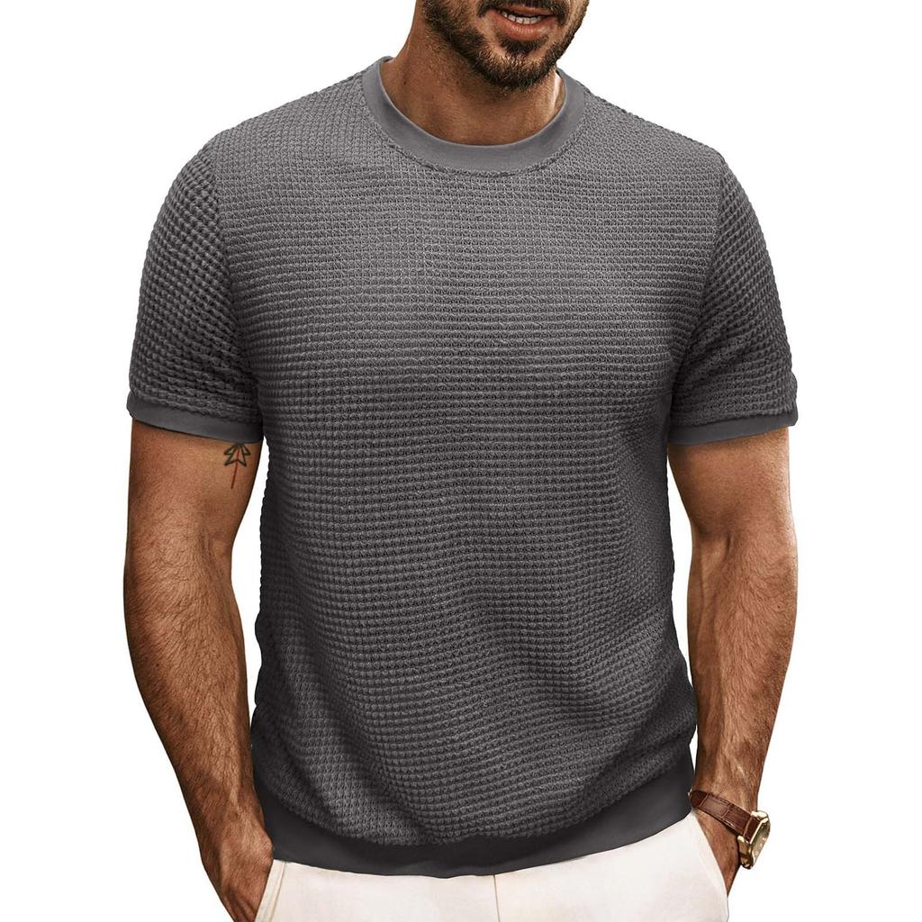 Men's Short Sleeved Knitted T-shirt Top With Round Neck Ribbed Pullover