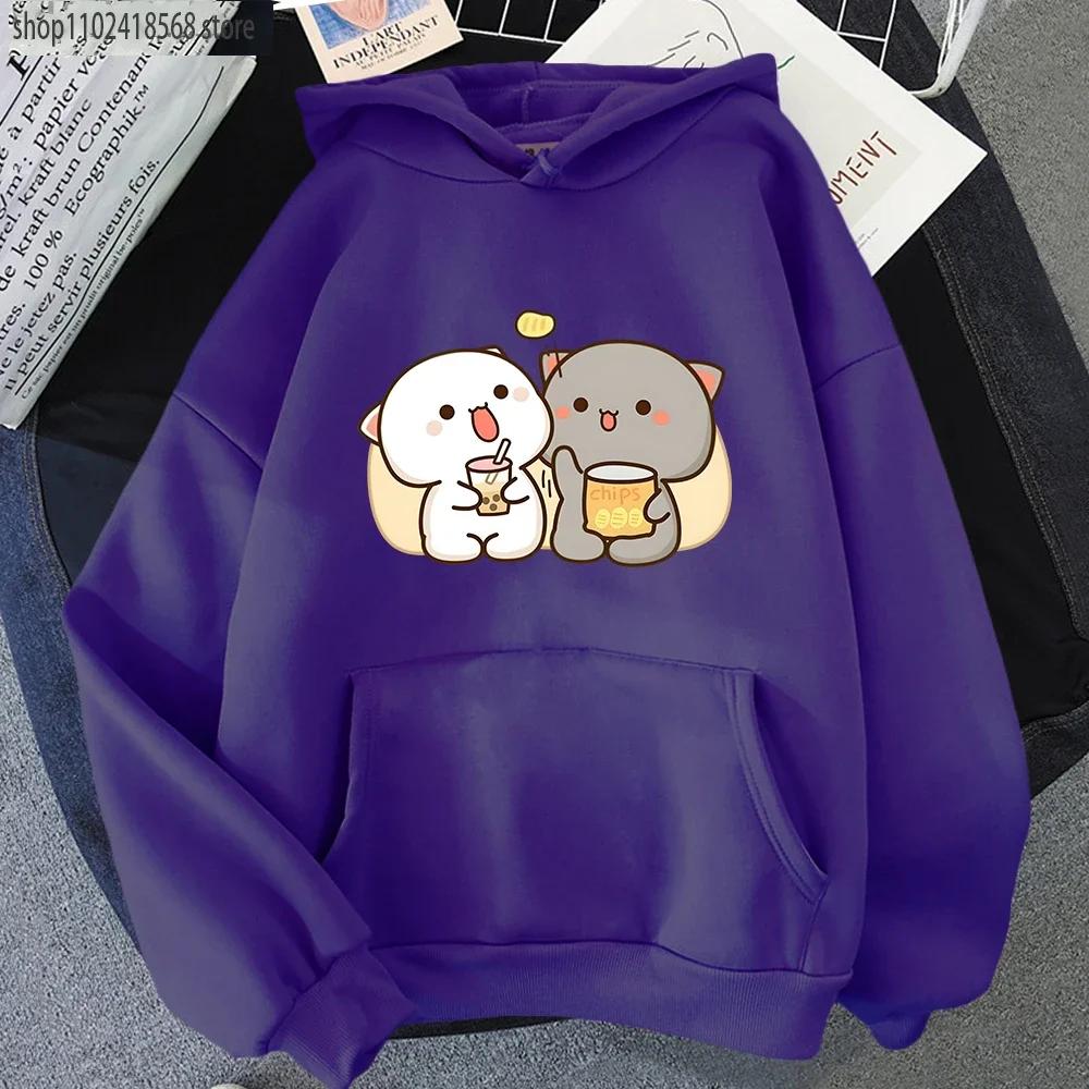Худи Mochi Peach Cat Kawaii Одежда Графические толстовки с Bubble Tea Харадзюку Повседневные Футболки Женские Топы