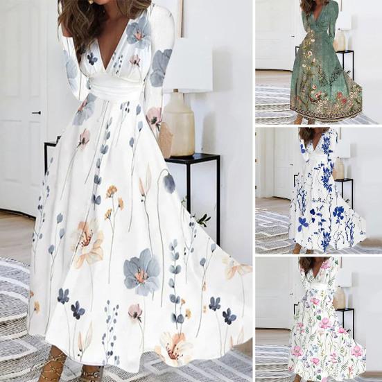 Women Elegant Floral Print Maxi Dress V-neck Waist Gown Long Sleeve High Dress A-Line Long Dress Streetwear