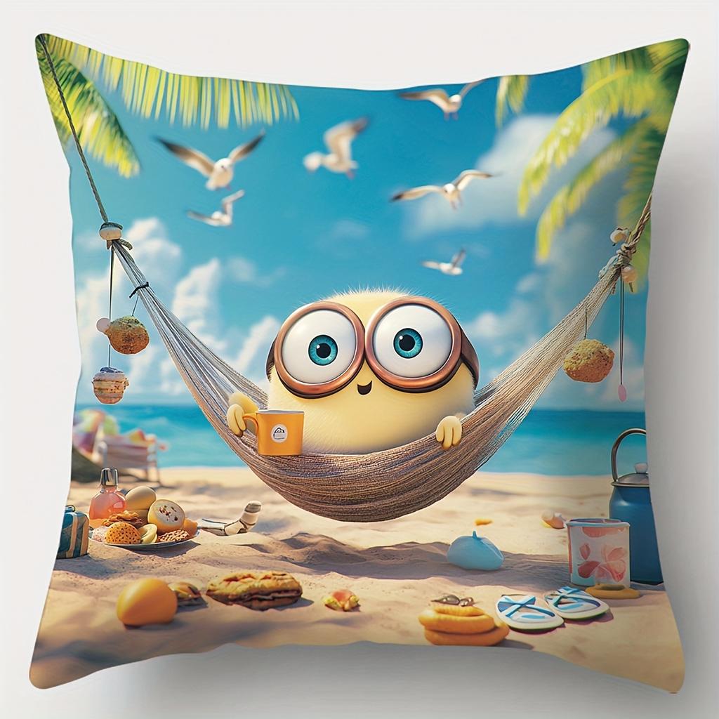 4Pcs Cartoon Beach Character Throw Pillow Covers, Cute Fuzzy Sun & Bird Hammock Print Cushion Cases, Tropical Summer Decor