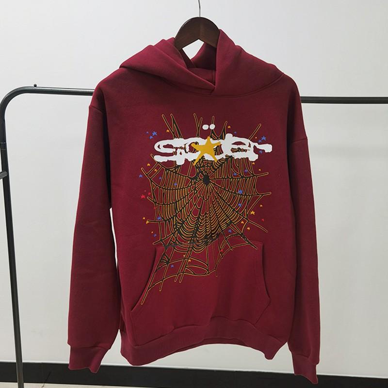 Sp5der Hoodie Oversized Thick Fleece Sweatshirt With Foil Print Spiderweb Design Men Winter Casual Wear