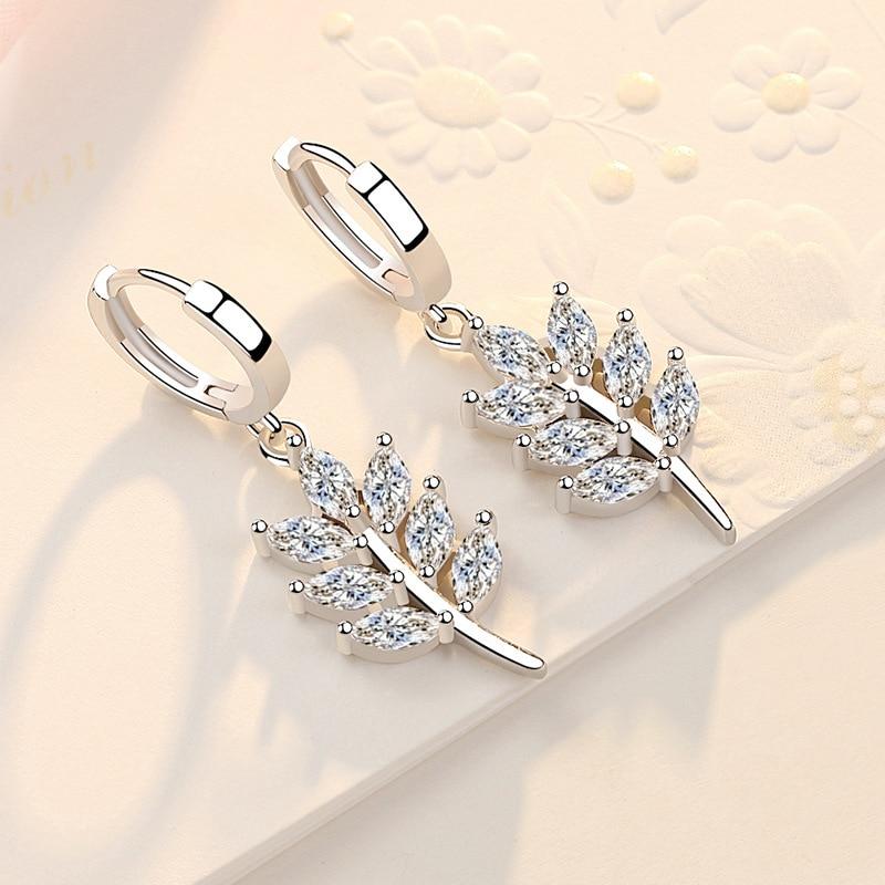 Korean 925 Sterling Silver Crystal Leaf Charm Stud Earrings For Women Girl Elegant Wedding Jewelry Eh1079